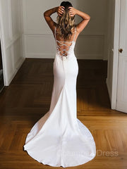 Wedding Dress Outfit, Sheath/Column V-neck Court Train Stretch Crepe Wedding Dresses With Leg Slit