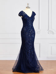 Prom Dresses Ball Gown Style, Sheath/Column V-neck Floor-Length Tulle Mother of the Bride Dresses With Appliques Lace