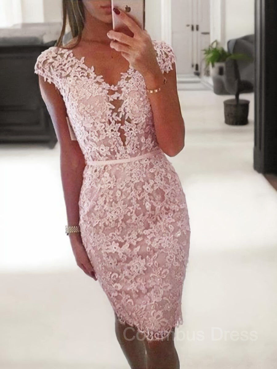 Prom Dresses Boho, Sheath/Column V-neck Knee-Length Lace Homecoming Dresses
