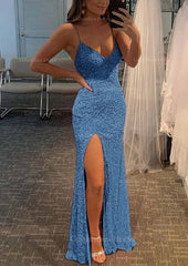 Gown, Sheath/Column V Neck Spaghetti Straps Long/Floor-Length Velvet Sequins Prom Dress With Split