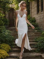 Wedding Dresses, Sheath/Column V-neck Sweep Train Stretch Crepe Wedding Dresses With Leg Slit