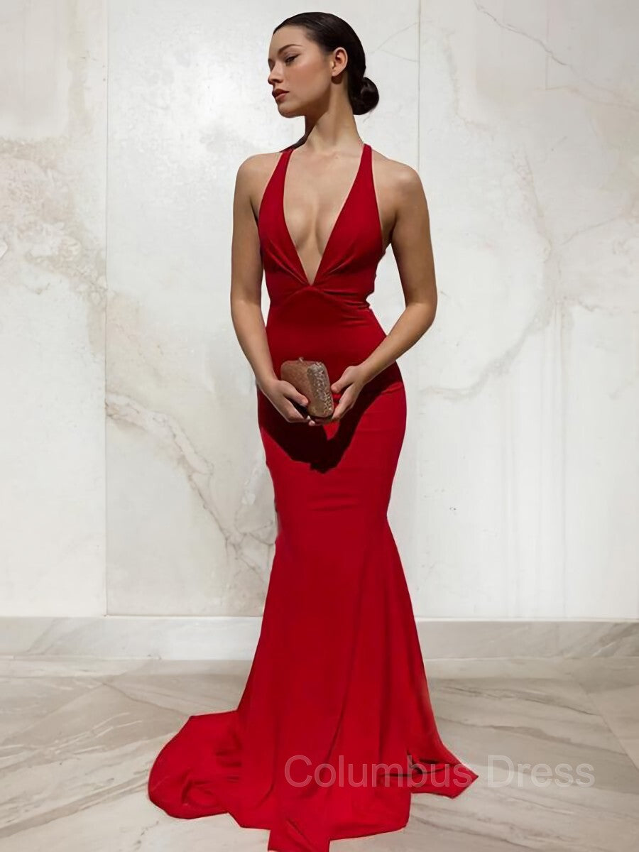 Prom Dress Red, Sheath/Column V-neck Sweep Train Jersey Prom Dresses With Ruffles