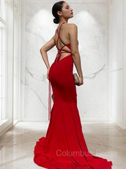 Prom Dresses Red, Sheath/Column V-neck Sweep Train Jersey Prom Dresses With Ruffles