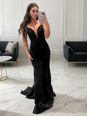 Prom Dress On Sale, Sheath/Column V-neck Sweep Train Stretch Crepe Prom Dresses With Appliques Lace