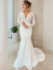 Wedding Dresses 2027, Sheath/Column V-neck Sweep Train Stretch Crepe Wedding Dresses