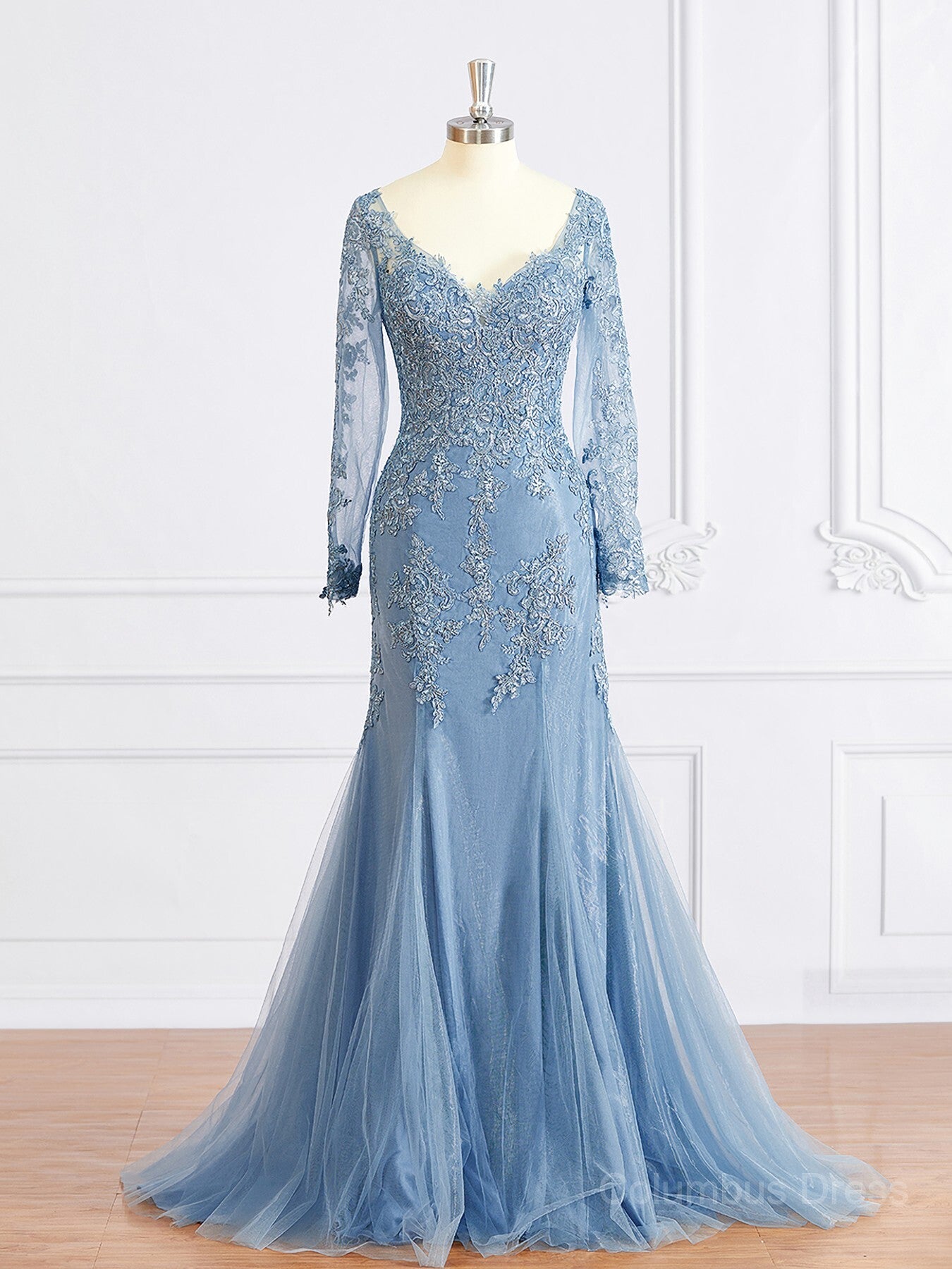 Prom Dress Long Formal Evening Gown, Sheath/Column V-neck Sweep Train Tulle Mother of the Bride Dresses With Appliques Lace