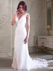 Wedding Dress Collection, Sheath/Column V-neck Court Train Tulle Wedding Dresses