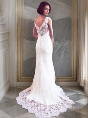 Wedding Dress Trend, Sheath/Column V-neck Court Train Tulle Wedding Dresses