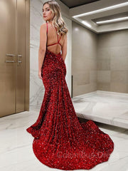 Prom Dress For Girl, Sheath/Column V-neck Sweep Train Velvet Sequins Prom Dresses