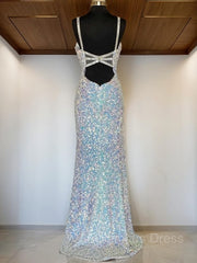 Garden Wedding, Sheath/Column V-neck Sweep Train Velvet Sequins Prom Dresses With Leg Slit