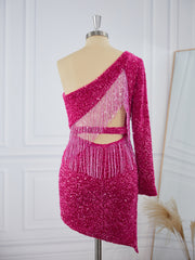 Prom Dresses With Pockets, Sheath Long Sleeves Velvet Sequins One-Shoulder Short/Mini Dress