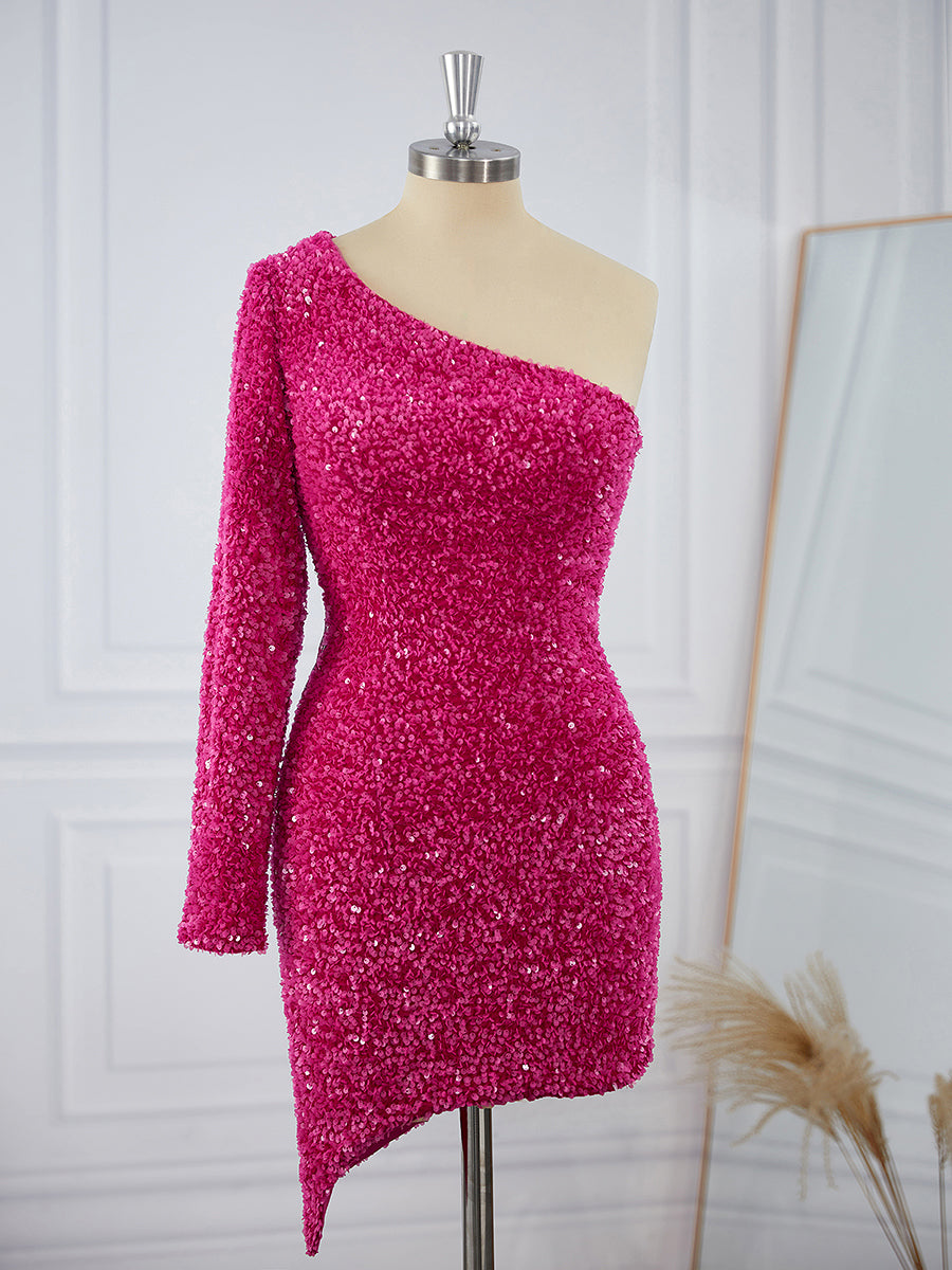 Prom Dress With Pocket, Sheath Long Sleeves Velvet Sequins One-Shoulder Short/Mini Dress