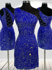 Bridesmaid Dress Design, Sheath One-Shoulder Sequin Short/Mini Velvet Sequins Dress