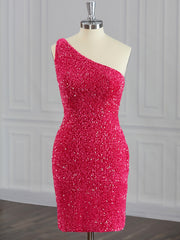 Prom Dresse 2039, Sheath One-Shoulder Sequin Short/Mini Velvet Sequins Dress