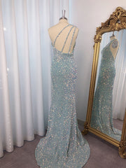Bridesmaid Dress Styles Long, Sheath One-Shoulder Sequin Sweep Train Velvet Sequins Dress