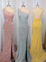 Bridesmaid Dresses Styles Long, Sheath One-Shoulder Sequin Sweep Train Velvet Sequins Dress
