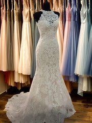 Wedding Dress Boho, Sheath Scoop Applique Sweep Train Lace Wedding Dress