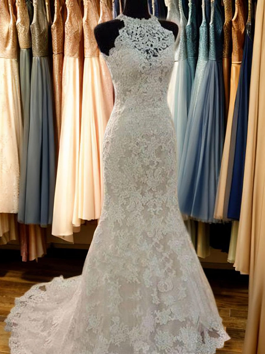 Wedding Dress Tulle, Sheath Scoop Applique Sweep Train Lace Wedding Dress