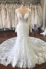 Wedding Dresses Online, Sheath V-neck Floor Length Tulle Applique Wedding Dress