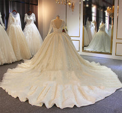 Wedding Dresses Sleeved, Shinny Long A-line Full Beading Lace-Up Wedding Dresses with Sleeves