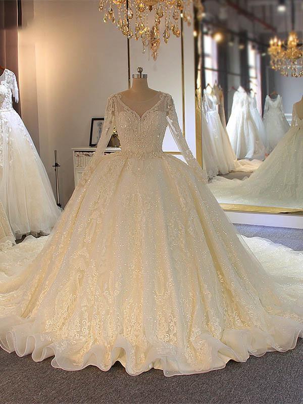 Wedding Dresses Under, Shinny Long A-line Full Beading Lace-Up Wedding Dresses with Sleeves