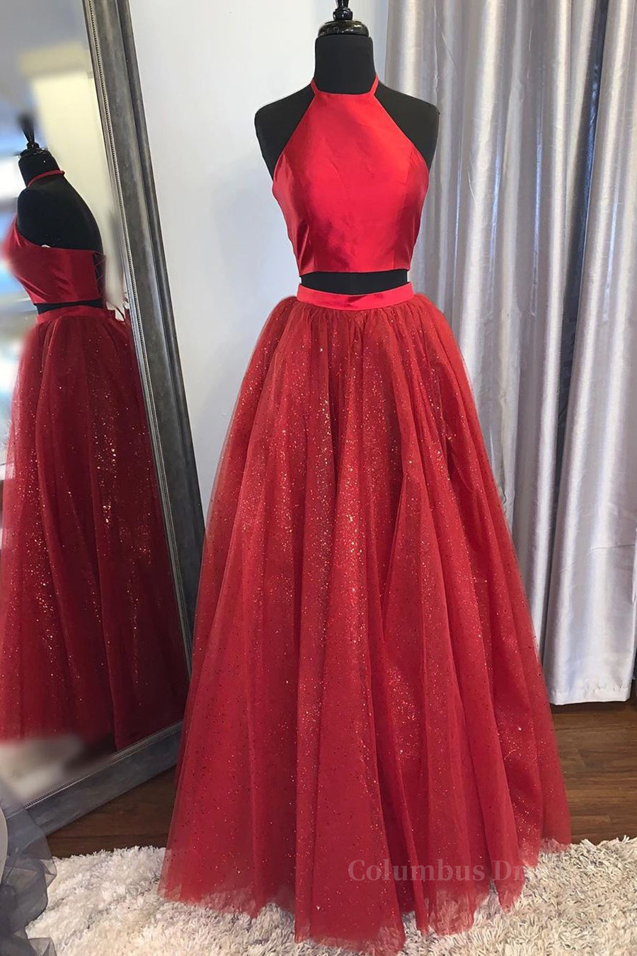 Homecoming Dresses Unique, Shiny 2 Pieces Halter Neck Red Long Prom Dress, Two Pieces Red Formal Graduation Evening Dress