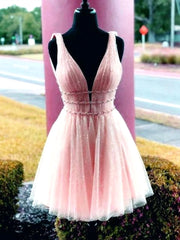 Dress Outfit, Shiny A Line V Neck Short Pink Prom Dresses, Shiny Short Pink Formal Homecoming Dresses
