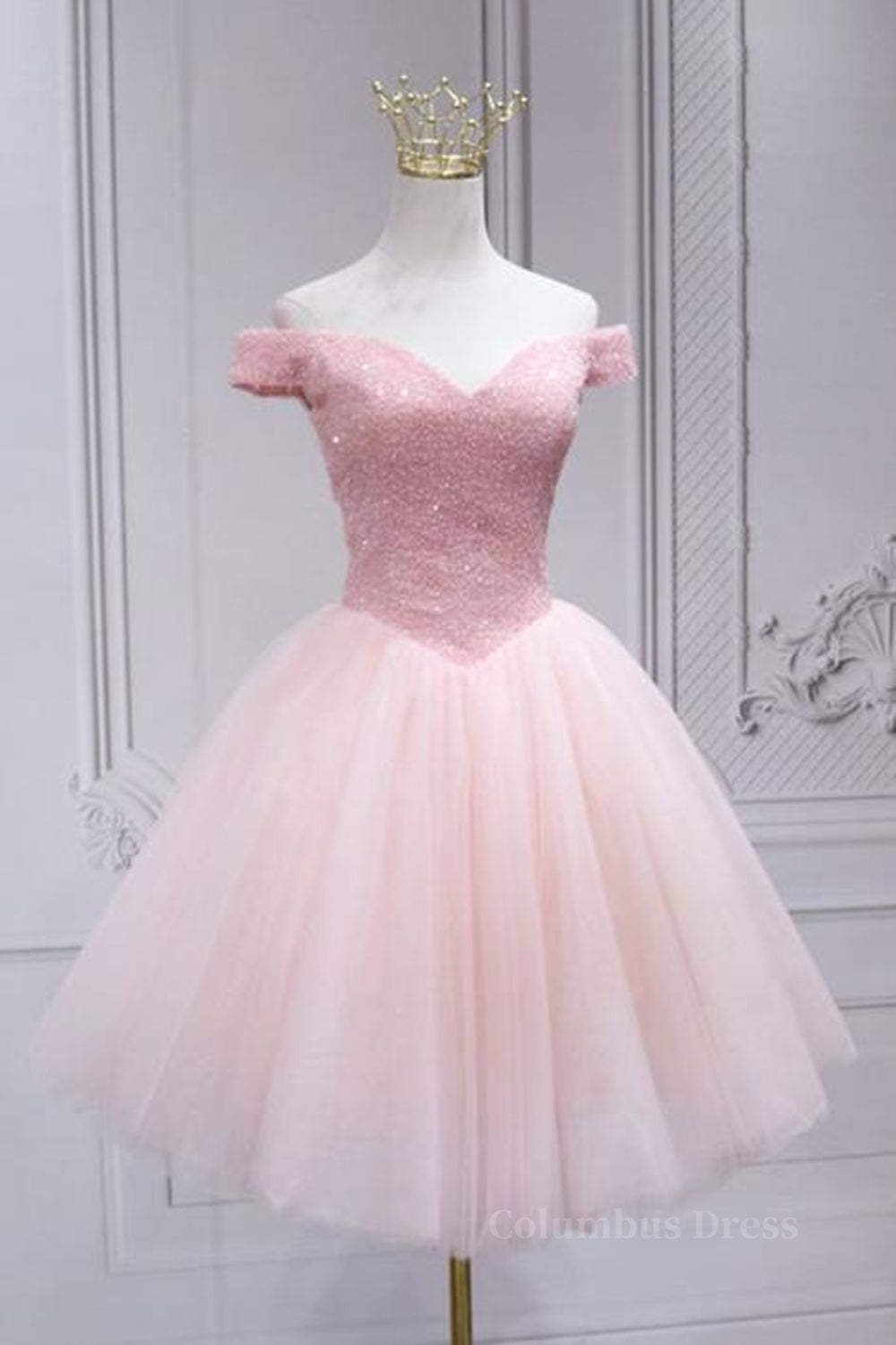 Evening Dresses Long Elegant, Shiny Beadings Off the Shoulder Pink Short Homecoming Prom Dress, Off Shoulder Pink Beaded Formal Graduation Evening Dress