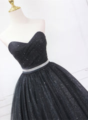 Formal Dresses Prom, Shiny Black Sweetheart Tea Length Tulle Prom Dress, Black Evening Dress Homecoming Dress