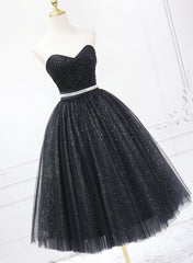 Formal Dresses Vintage, Shiny Black Sweetheart Tea Length Tulle Prom Dress, Black Evening Dress Homecoming Dress