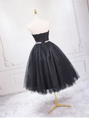 Formal Dresses 2030, Shiny Black Sweetheart Tea Length Tulle Prom Dress, Black Evening Dress Homecoming Dress