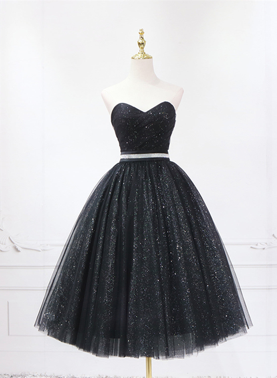Formal Dresses 2029, Shiny Black Sweetheart Tea Length Tulle Prom Dress, Black Evening Dress Homecoming Dress