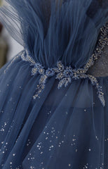 Boho Dress, Shiny Blue Beaded Puffy Long Prom Dresses, Blue Beaded Long Formal Graduation Dresses