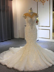 Wedding Dresses Under 1003, Shiny Crystal High Neck Floral Wedding Dresses Sheer Tulle Sleeveless Mermaid Bridal Gowns