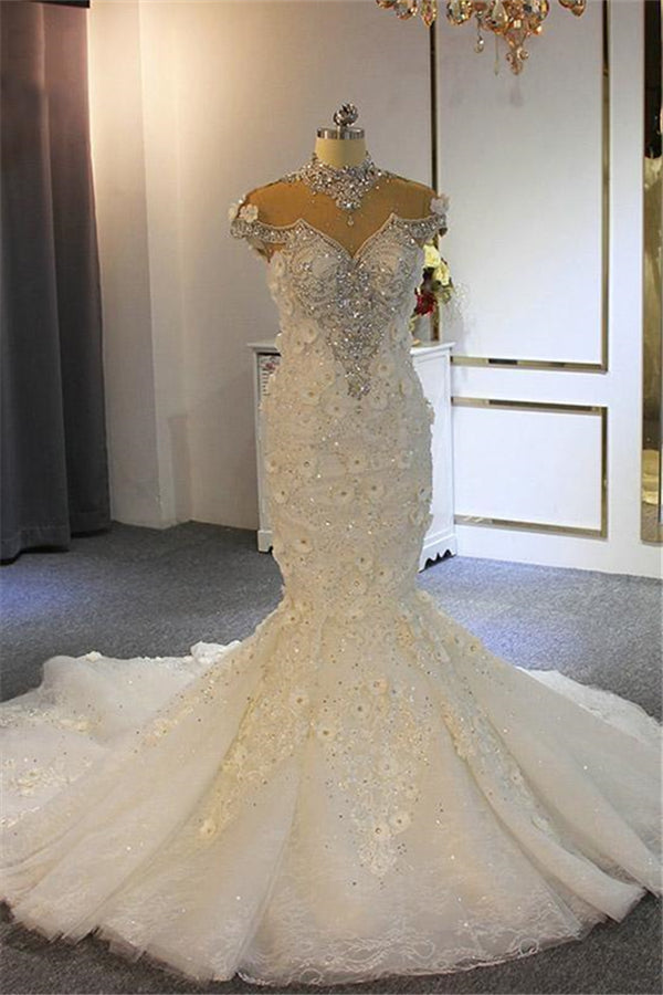 Wedding Dresses Inspired, Shiny Crystal High Neck Floral Wedding Dresses Sheer Tulle Sleeveless Mermaid Bridal Gowns