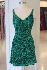 Debutant Dress, Shiny Green Sequins V Neck Short Prom Dresses, V Neck Green Homecoming Dresses, Green Formal Evening Dresses