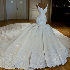 Wedding Dress Wedding Dresses, Shiny Mermaid Beading Lace Straps Applique Wedding Dresses