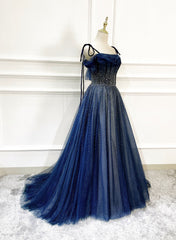 Prom Dresses Style, Shiny Navy Blue Tulle Straps Long Prom Dresses Party Dresses, A-line Beaded Prom Dresses