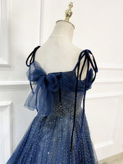 Prom Dress Style, Shiny Navy Blue Tulle Straps Long Prom Dresses Party Dresses, A-line Beaded Prom Dresses