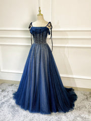 Prom Dress On Sale, Shiny Navy Blue Tulle Straps Long Prom Dresses Party Dresses, A-line Beaded Prom Dresses