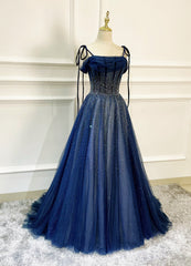 Prom Dress Styles, Shiny Navy Blue Tulle Straps Long Prom Dresses Party Dresses, A-line Beaded Prom Dresses