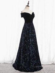 Party Dress Mini, Shiny Off the Shoulder Black Prom Dresses with Corset Back, Shiny Black Long Formal Evening Dresses