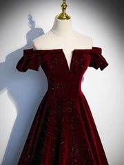 Party Dress Shops, Shiny Off the Shoulder Burgundy Long Prom Dresses, Off Shoulder Wine Red Formal Evening Dresses