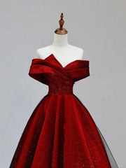 Wedding Color Palette, Shiny Off the Shoulder Burgundy Long Prom Dresses, Wine Red Off Shoulder Formal Evening Dresses