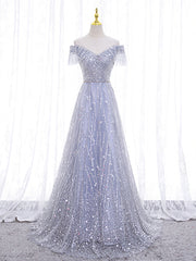 Party Dresses Design, Shiny Off the Shoulder Silver Gray Long Prom Dresses, Silver Gray Long Formal Evening Dresses