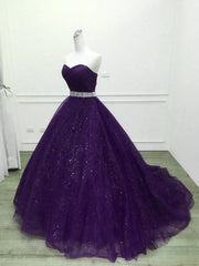 Prom Dress For Short Girl, Shiny Purple Tulle Beaded Ball Gonw Party Dress, Purple Prom Dresses