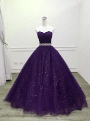 Prom Dresses For Short Girls, Shiny Purple Tulle Beaded Ball Gonw Party Dress, Purple Prom Dresses
