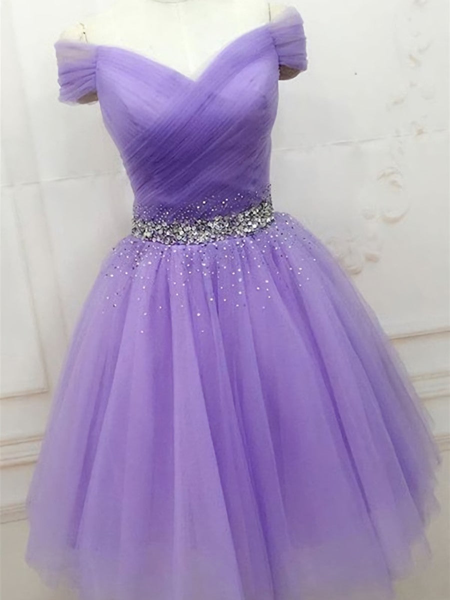 Formal Dresses Classy Elegant, Shiny Sequins Purple Short Prom Dresses, Off the Shoulder Purple Formal Homecoming Dresses