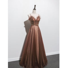 Party Dress Formal, Shiny Tulle Beaded Long Straps Floor Length Party Dress, A-line Prom Gown