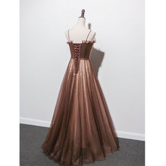 Party Dress Shops Near Me, Shiny Tulle Beaded Long Straps Floor Length Party Dress, A-line Prom Gown